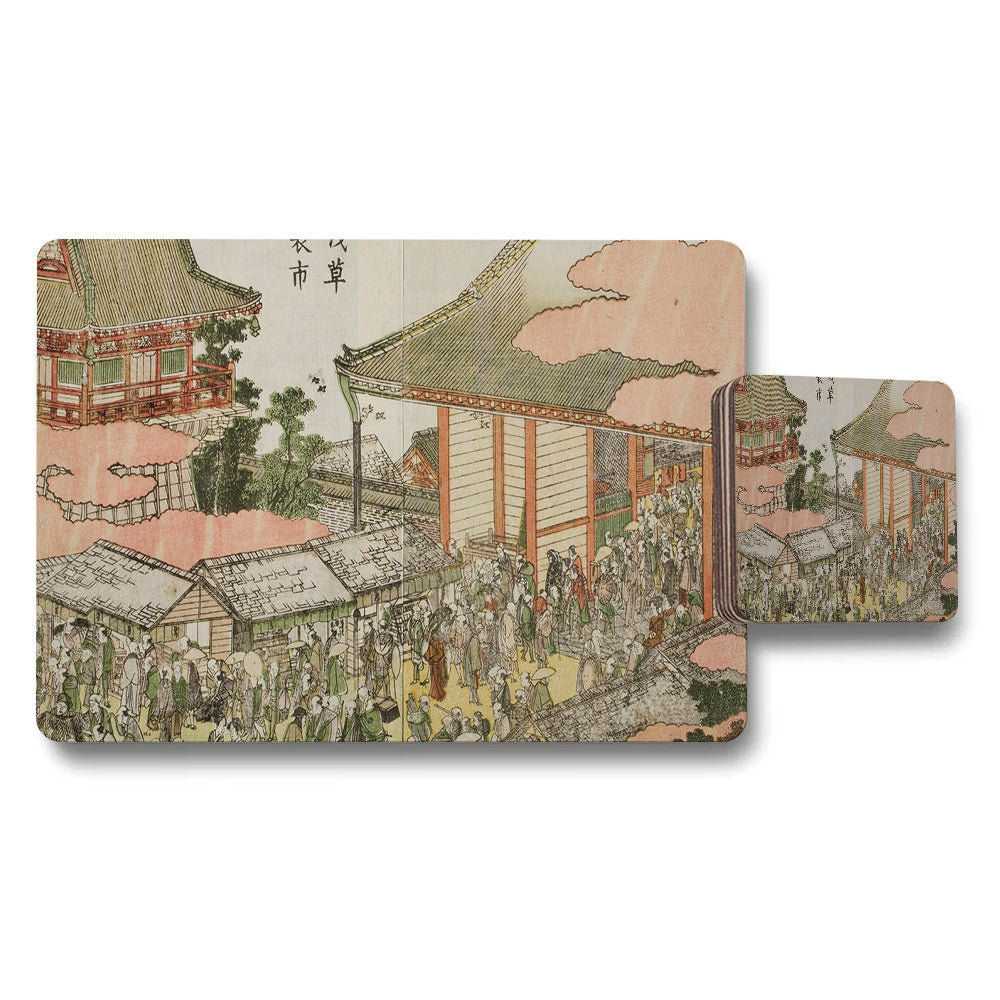 Traditional Asian Temple Courtyard Scene Placemats And Coasters Set