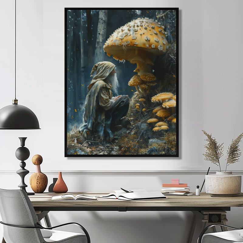 Fellowship gnome jaune gris - salon d'art mural gnome, Cadre flottant noir, bois massif, H 30 po x l 40 po