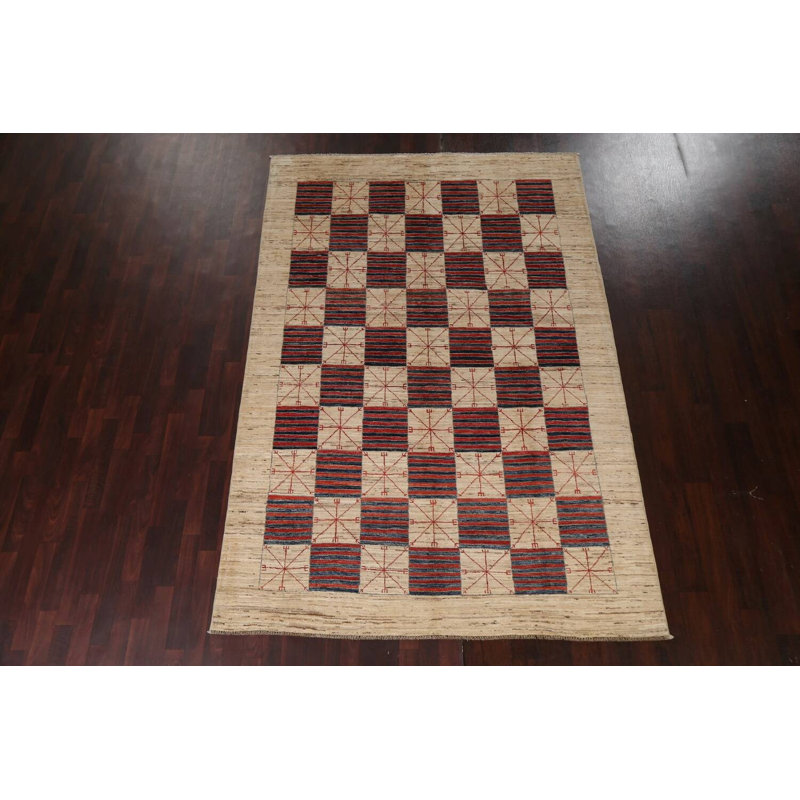 Tapis à damier oriental Gabbeh Kashkoli noué à la main 6 x 9