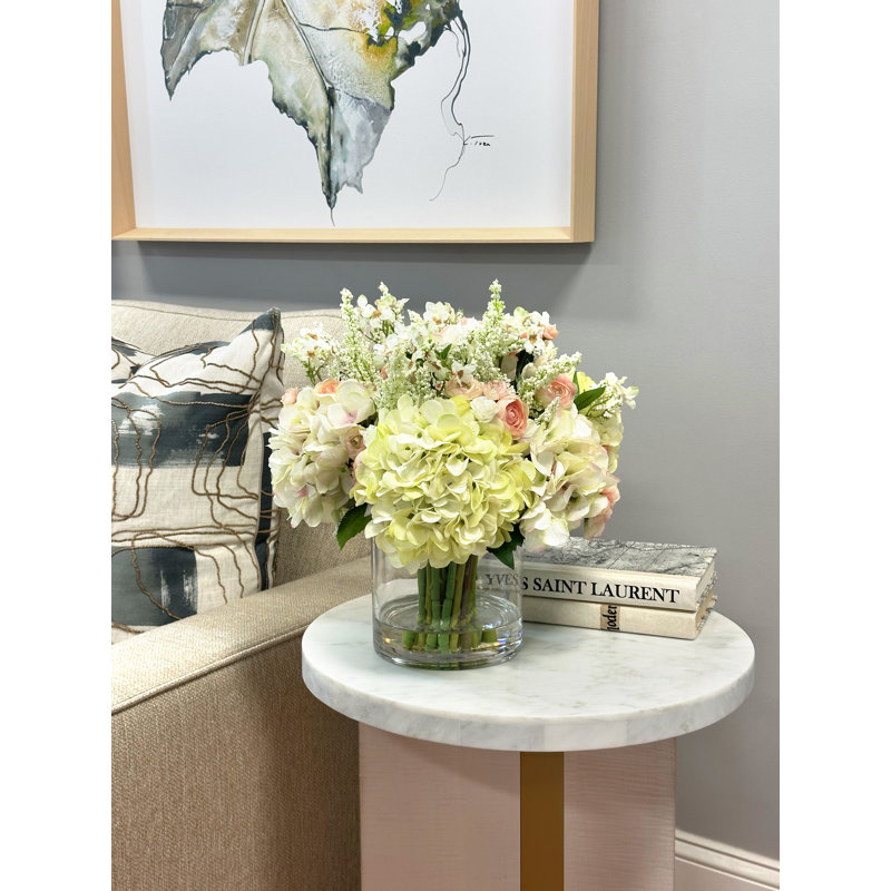 Hydrangea, Ranunculus, and Cherry Blossom Floral Arrangement in Vase, Pink/Cream