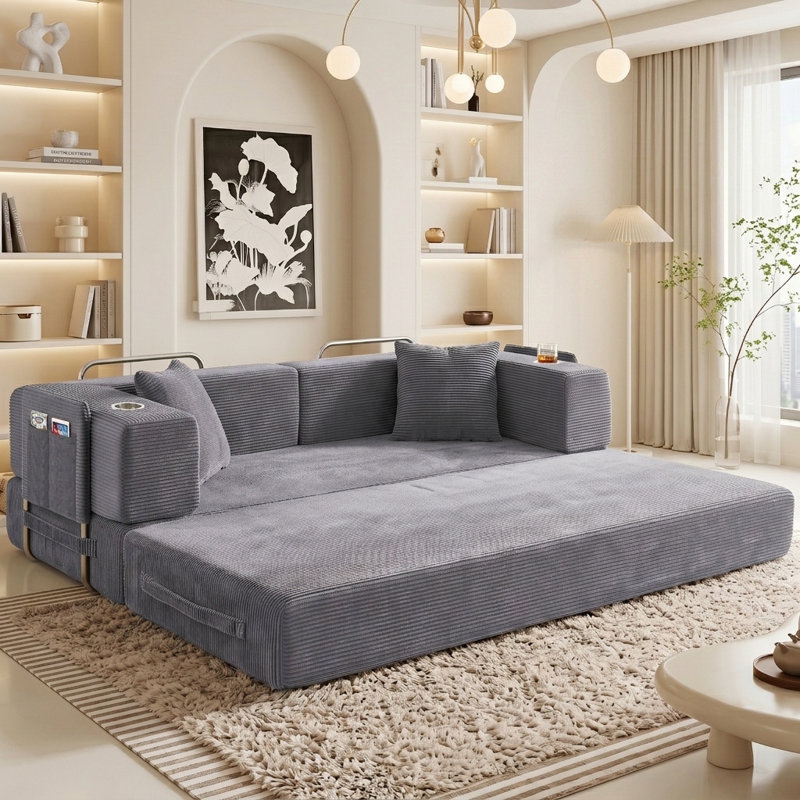 Canapé-lit futon convertible de 200 cm avec poche de rangement et porte-gobelets, canapé-lit modulable en velours côtelé, canapé-lit gigogne pour salon, aucun assemblage requis