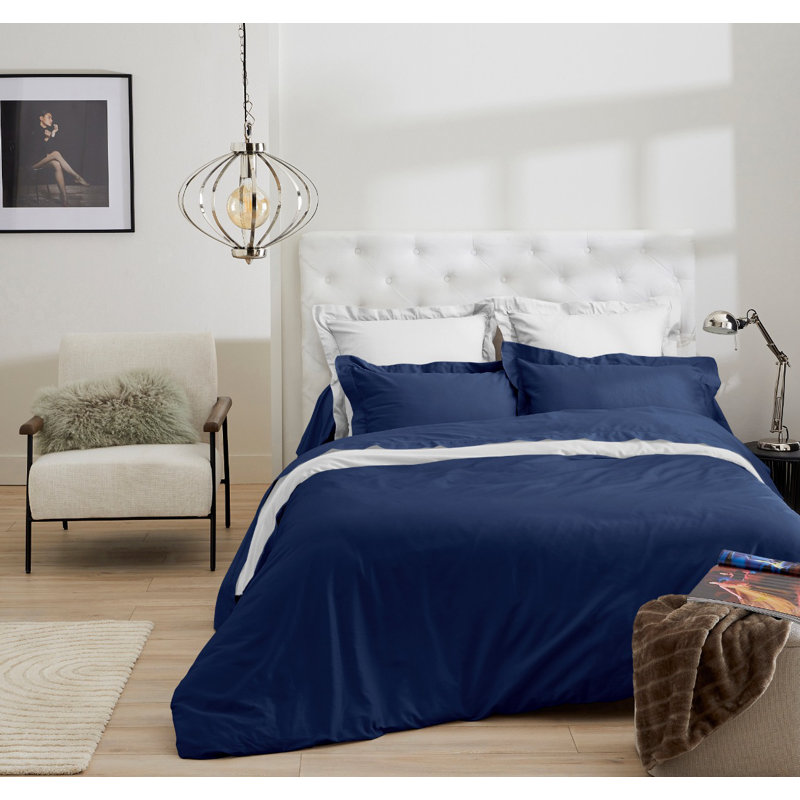 Hazelann Satin Solid Colour Duvet Cover with Pillowcases Included, 220 x 240cm Duvet Cover, Navy Blue