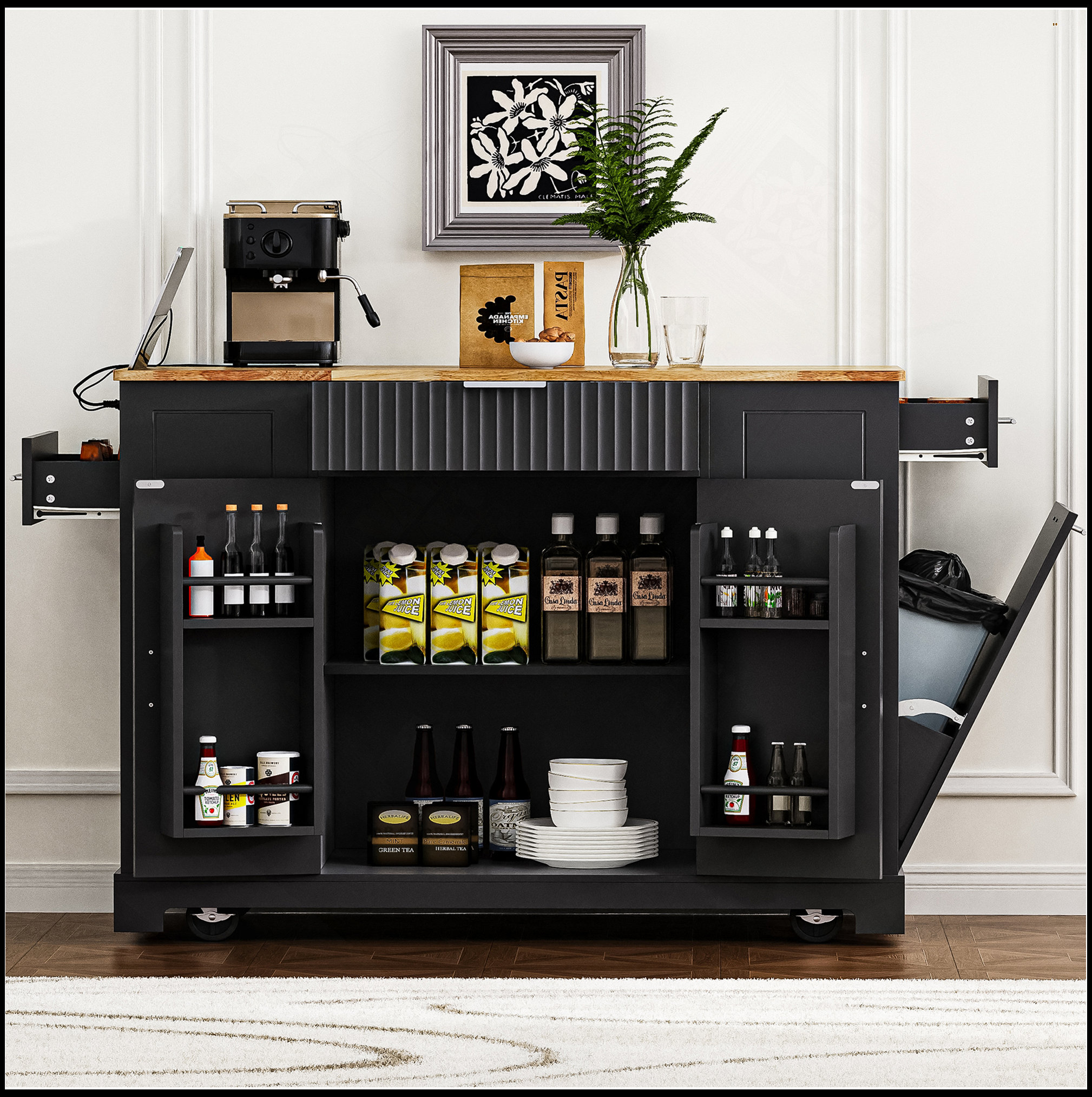 Lark Manor™ Fluted Kitchen Island With Trash Can Storage Cabinet, Power ...