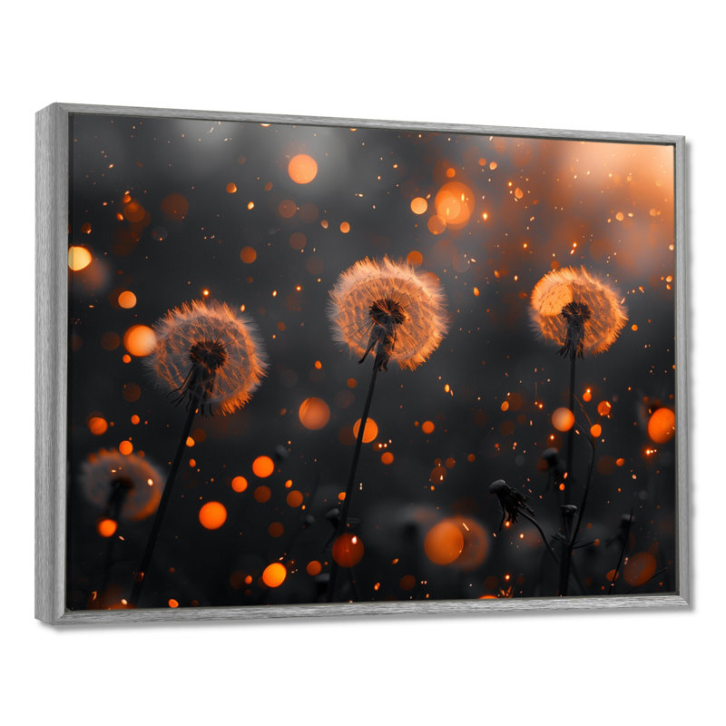 Orange doré, heure dorée, pissenlit, art mural de salon, pissenlit, Encadrement argenté, H 16 po x l 32 po x P 1 po