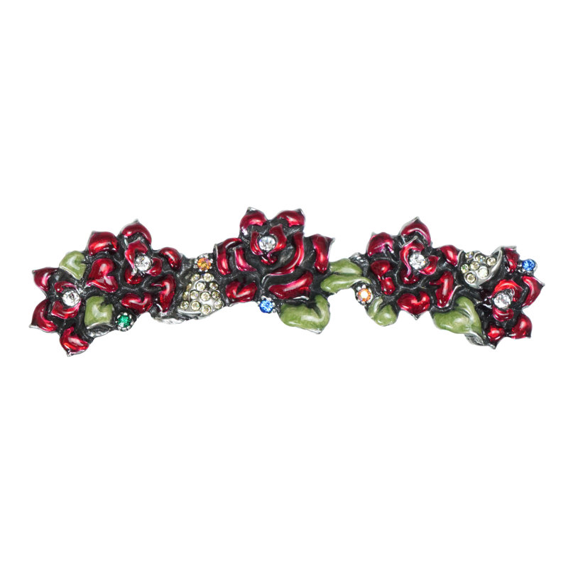 Dans le jardin, rosette, bouton à feuilles et plaque arrière allongée; glacis rouge rubis; décoré décoré avec des cristaux Swarovski au fini calice