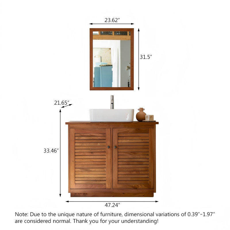 Meuble-lavabo sur pied en bois naturel avec lavabo et miroir, 33.46" H x 47.24" W x 21.65" D