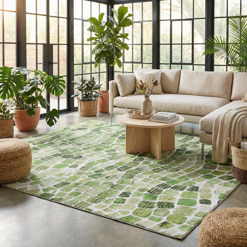 Emery Machine Washable Indoor/Outdoor Rug, Rectangle 4' x 6', Green