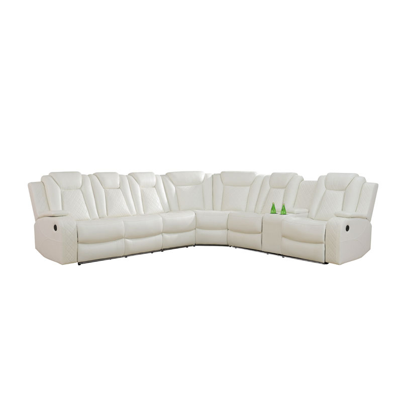 3-Pieces 210" Breathing Leather Power Reclining Theater Sectional with Wireless Chargers and LED Lighting (Set of 3), White