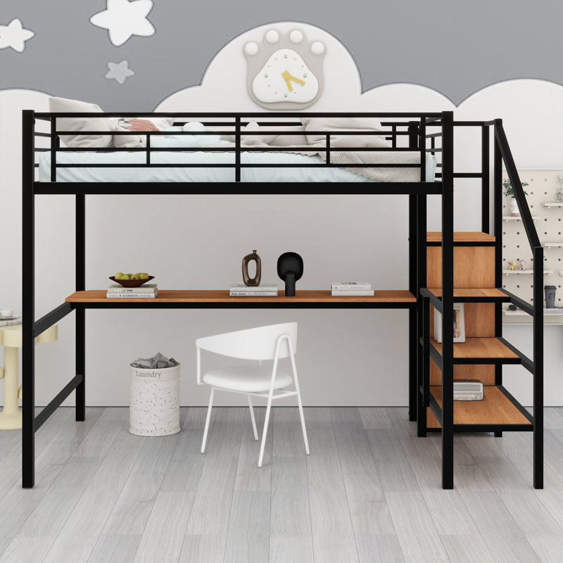 Lit mezzanine en métal avec bureau, Noir / brun