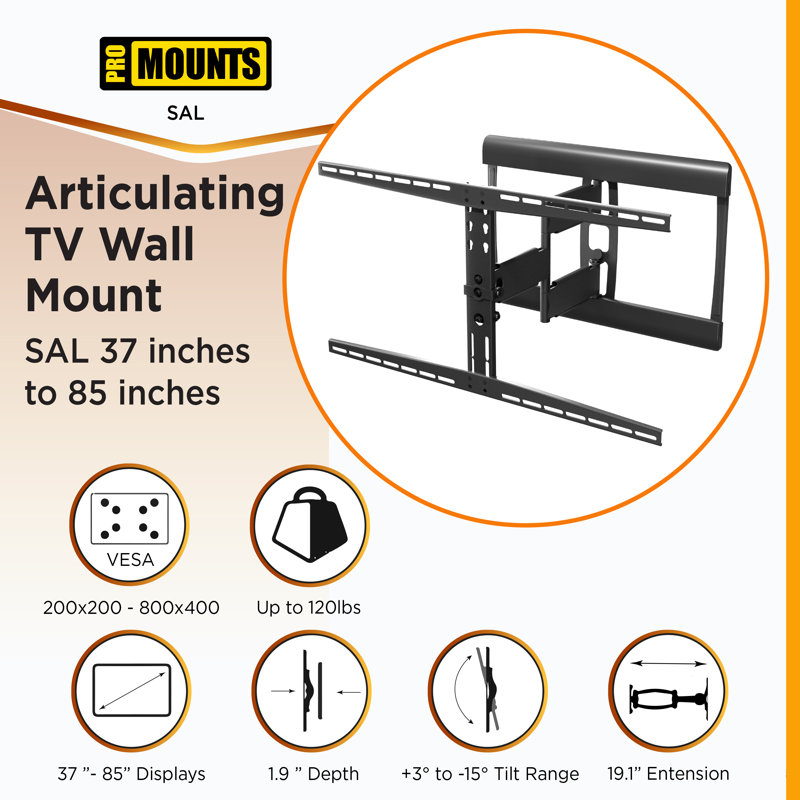 ProMounts Premium Articulating/Full Motion TV Wall Mount for 37" - 85" Screens, Holds up to 120 lbs.