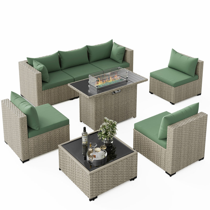 8-Piece Patio Conversation Set With Fire Pit Table, Coffee Table, And Cushions, Green