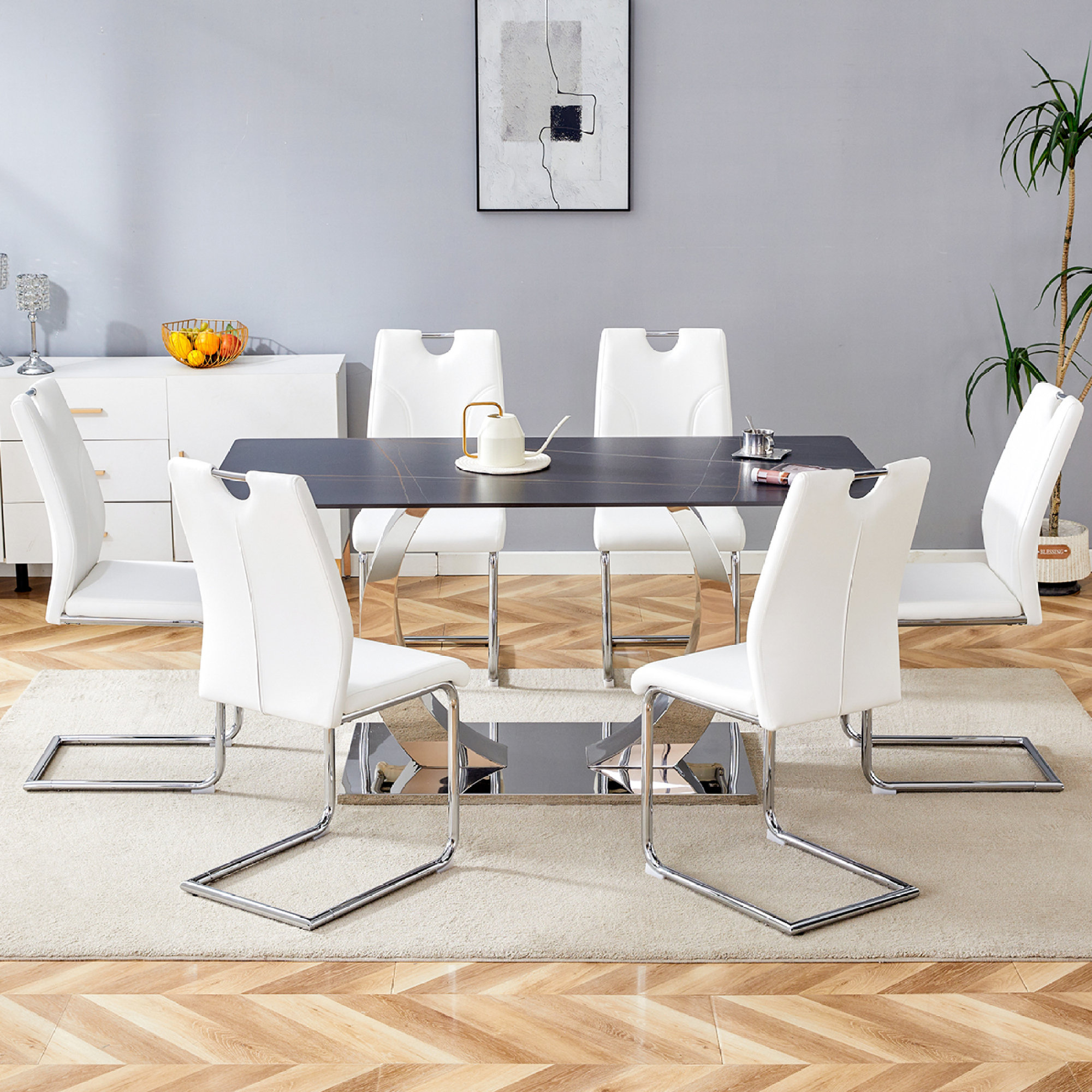 Ivy Bronx Modern Sintered Stone Dining Table Set With Black Textured ...