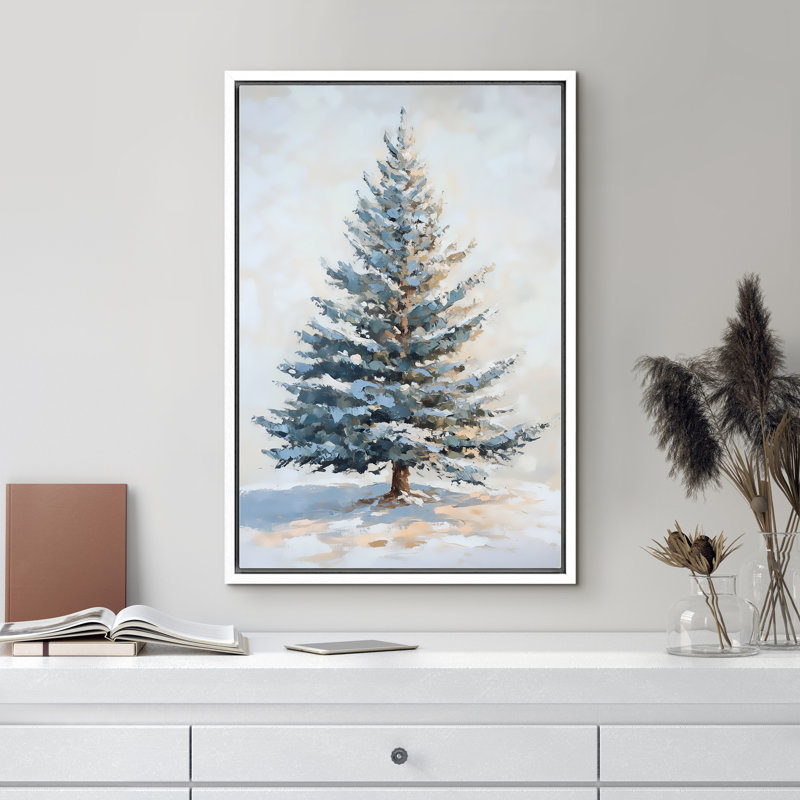 «Christmas Tree Snowy Winter Pine Tree Antique Blue Holiday Decor», reproduction d'art sur toile encadrée, Blanc