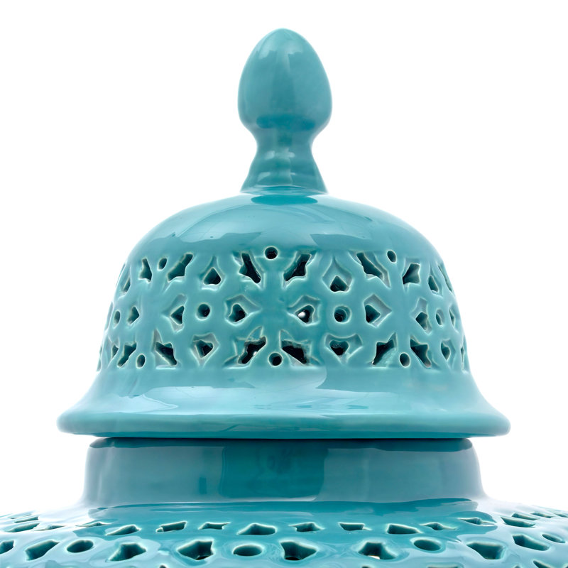 25" Carved Temple Jar - Celadon, Turquoise
