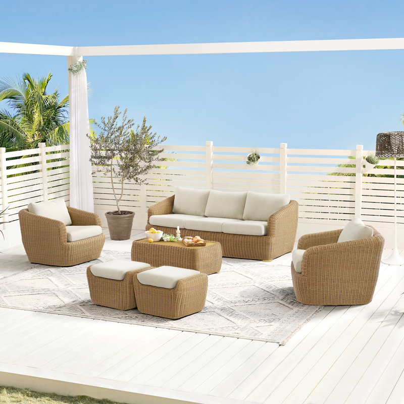 Cambelle Wicker Outdoor Patio Conversation Set With Swivel Chairs, Cream Cushion/Light Brown Frame