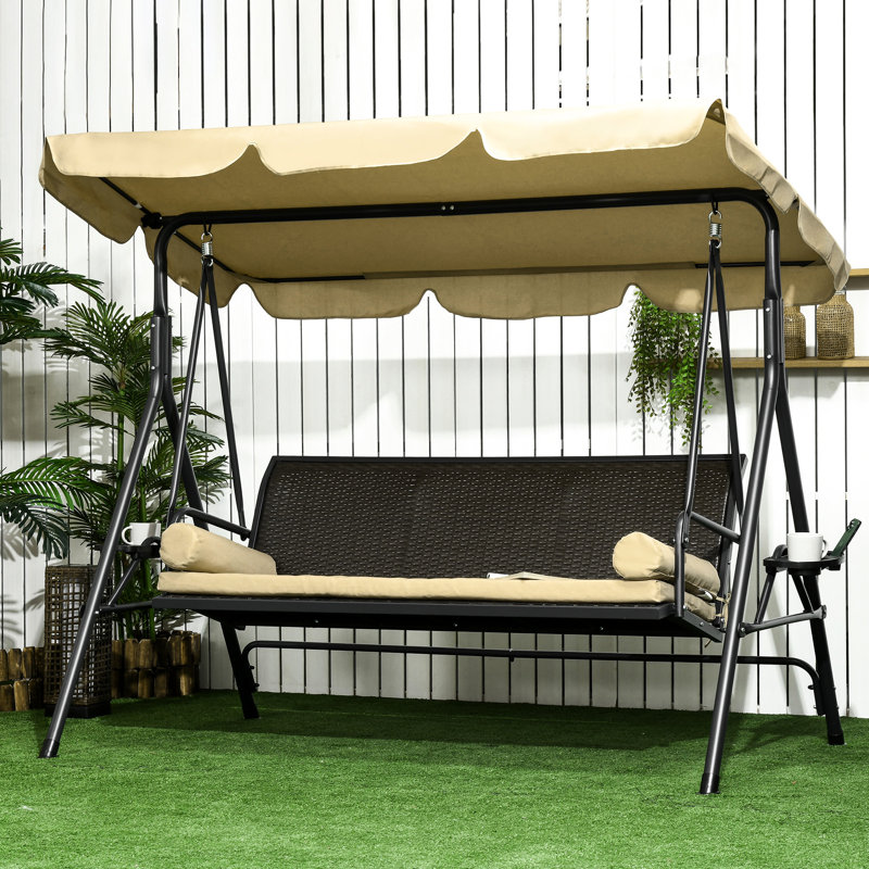 Outdoor 3 - Seat Swing With Canopy, Removable Cushion, And Adjustable Sunshade For Porch, Garden, Poolside, Backyard 704 Lbs Weight, 52" Seat, 45 Canopy Angle, Cup Holders, Trays, Pe , Steel Frame,