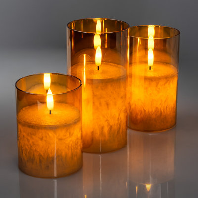 LED Flameless Pillar Candles Set of 3, Crystallized Frosted Glass, Dual-Light Flickering Flame, Remote & Timer, Metallic Gold, Heights 4" 5" 6"