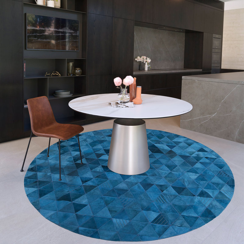 Cowhide Geometric Area Rug in Dark Jade, Round 9′ 10"