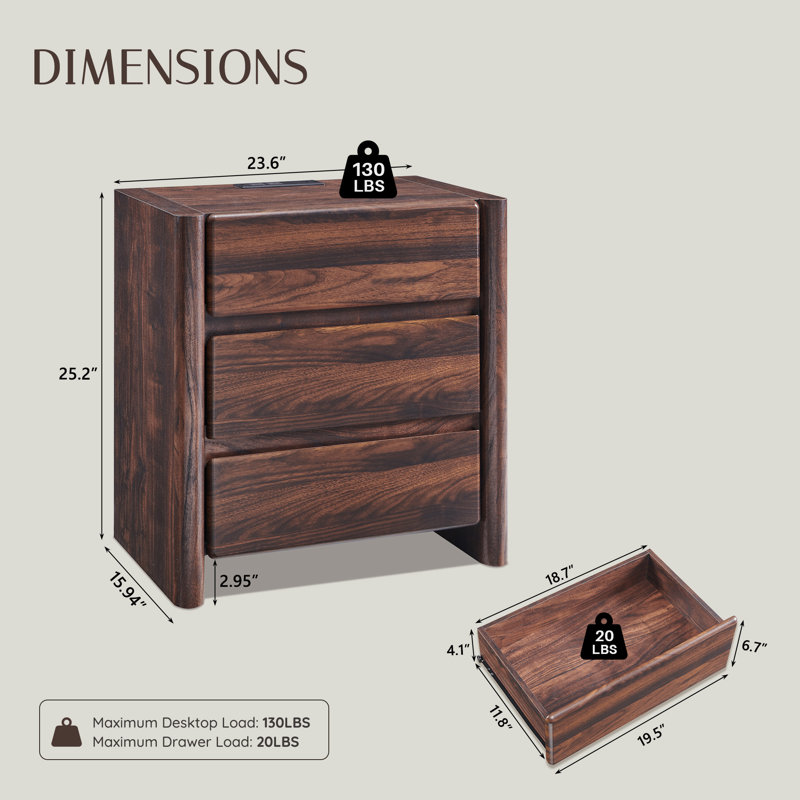 Bolanos 25" Tall Modern End Table with Charging Station & 3 Storage Drawers , Wood Side Table w/Rounded Corner Design for Bedroom