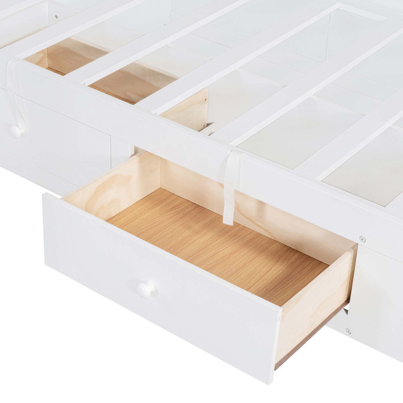 Lit superposé simple avec tiroirs, garde-robe, tablettes de rangement et lit hydraulique, Blanc