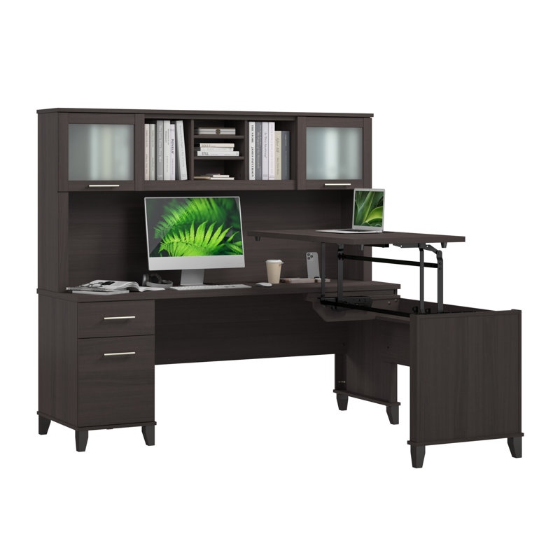 Bureau assis-debout 72 po en forme de L avec rehausse Paelynn, hauteur réglable, rangement, bois moderne, gris orage
