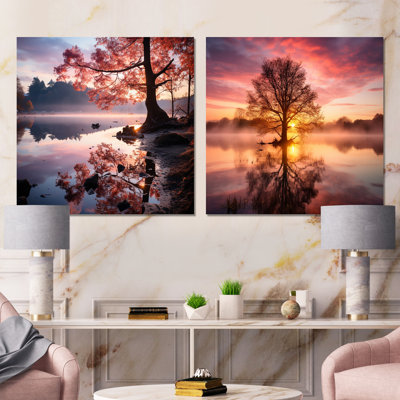 Arbre majestueux au coucher du soleil, lac, lac et rivières, ensemble de 2 carrés