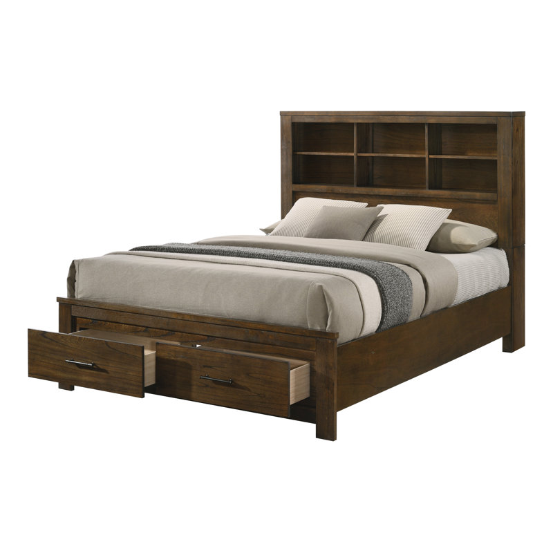 King Oak Wood Frame Bed with Storage Drawers and Headboard