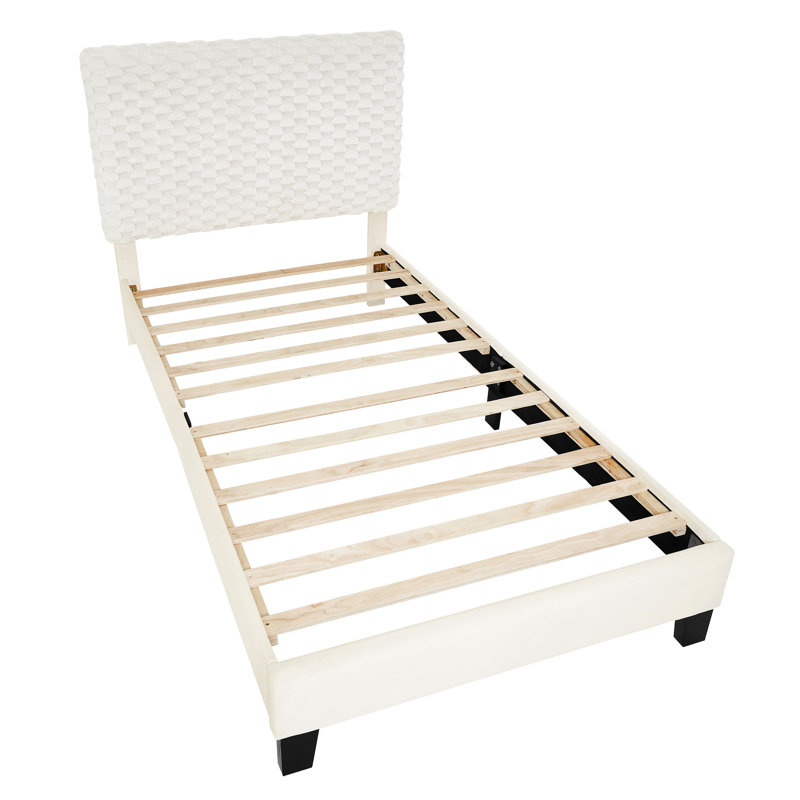 White Color Twin 3D Upholstered Platform Bed - Reinforced Center Rails Elegant Bedroom Addition In Soft Upholstery Contemporary Style