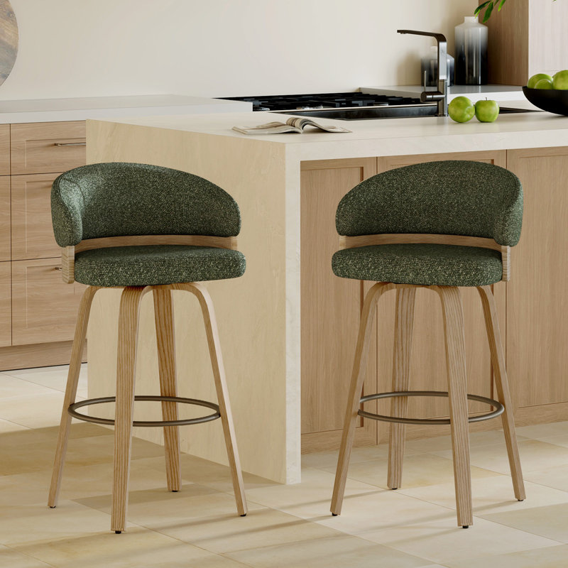 Tabouret de bar pivotant rembourré de 76 cm (30 po) avec cadre en bois, Siège vert / structure en chêne