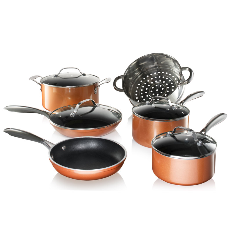 Gotham Steel Copper Cast Textured 10 Piece Nonstick Cookware Set, Stay Cool Handles, Oven & Dishwasher Safe