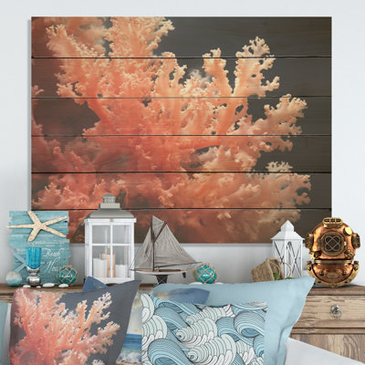 Under Water Colorful Coral Plant I - Coastal Coral Under Water Wood Wall Art On Natural Pine Wood