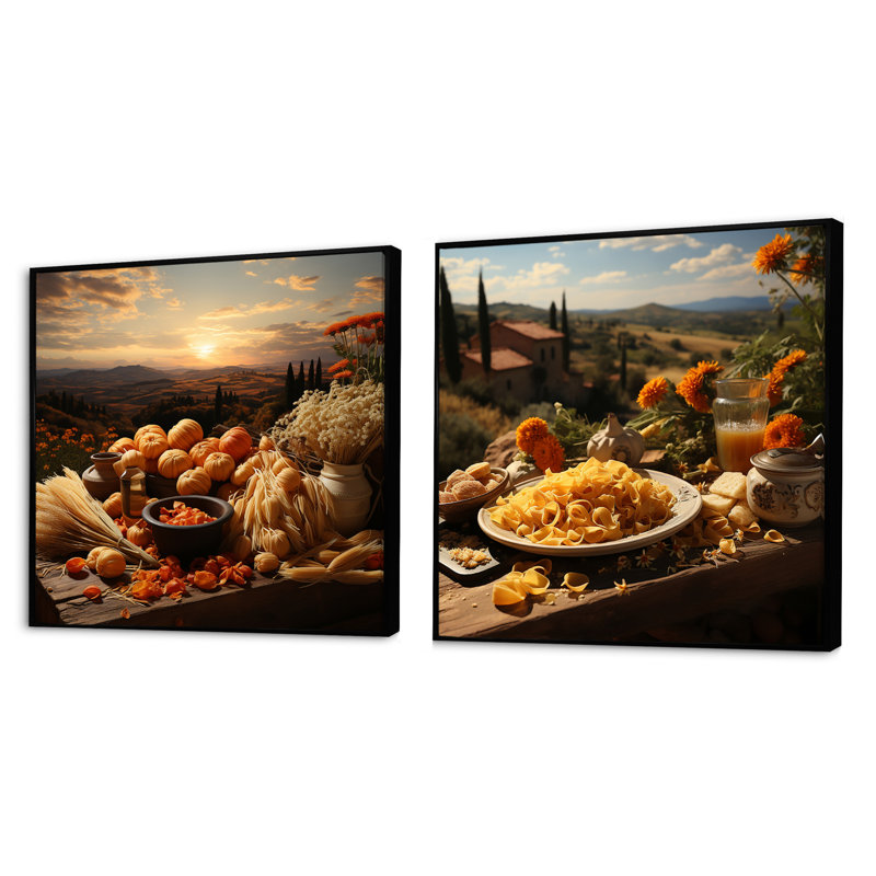 Romantiques pâtes rustiques - ensemble de 2 collages carrés repas et pique-nique, Cadre flottant noir, H 16 po x l 33 po