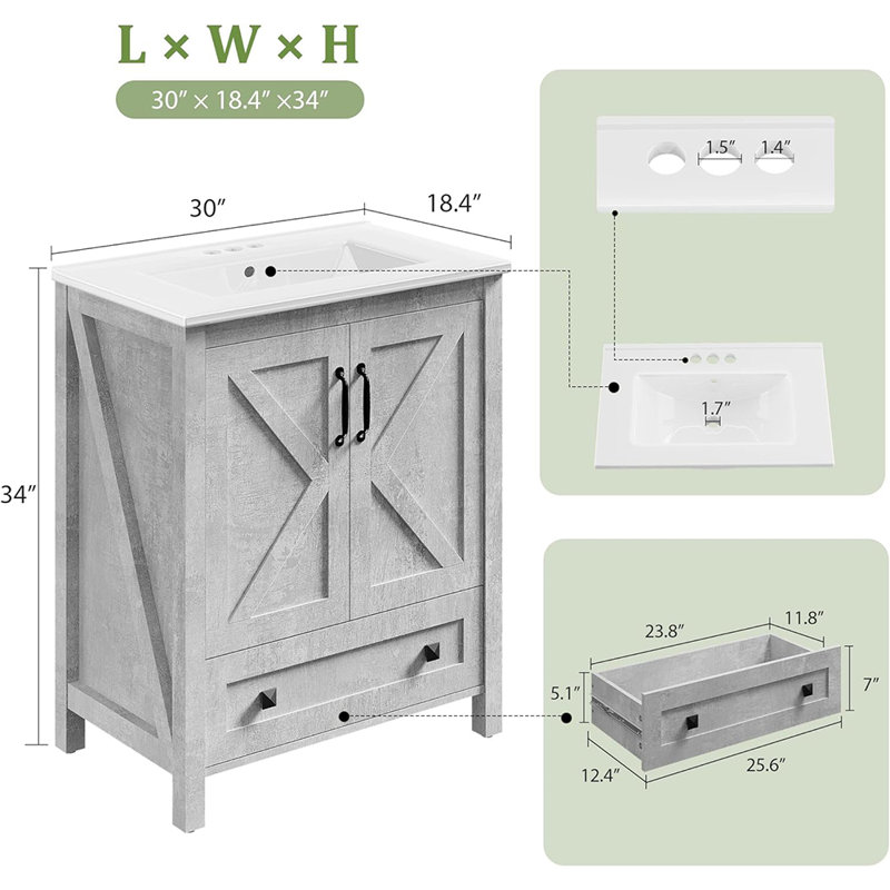 30" Bathroom Vanity with Ceramic Sink, Freestanding Modern Vanity Cabinet with 2 Doors and Storage Drawer, Light Gray