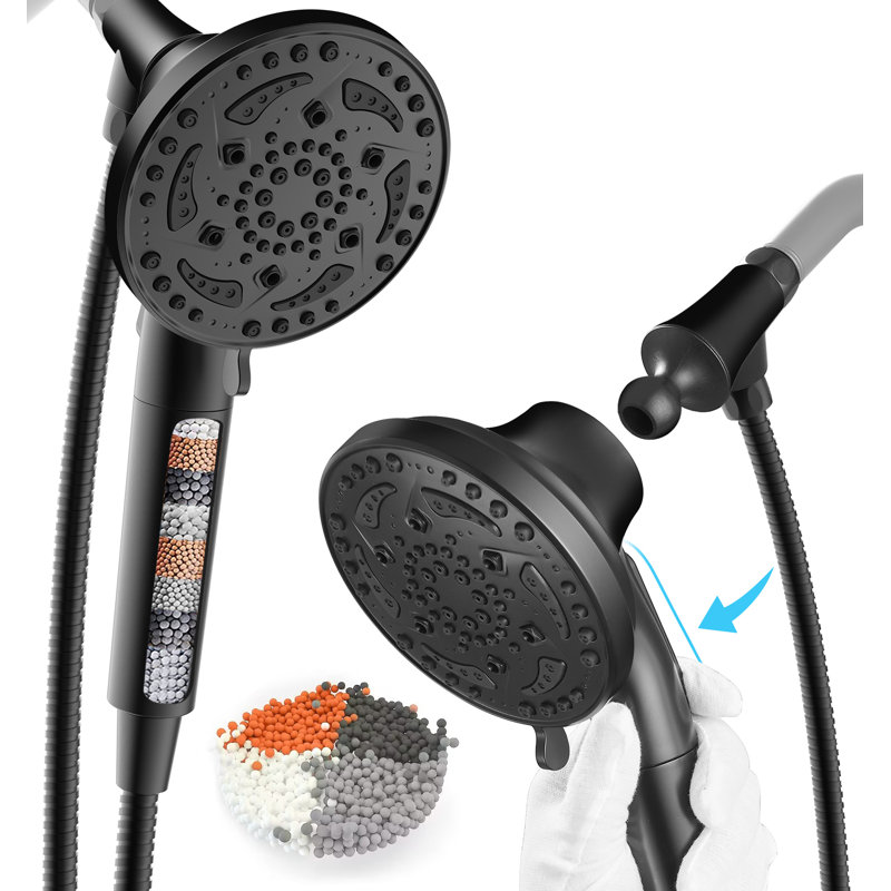 Pomme de douche détachable multi-fonctions à un jet et à un bouton avec filtre, Noir mat
