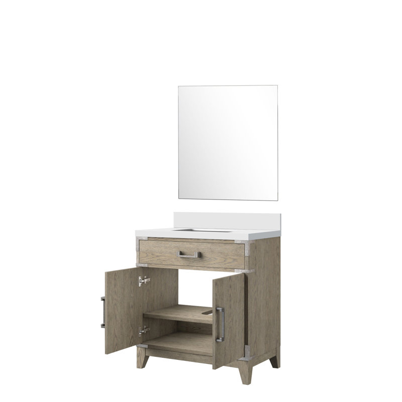 Meuble-lavabo simple en chêne gris l 30 po x P 22 po, comptoir en quartz blanc et miroir 28 po