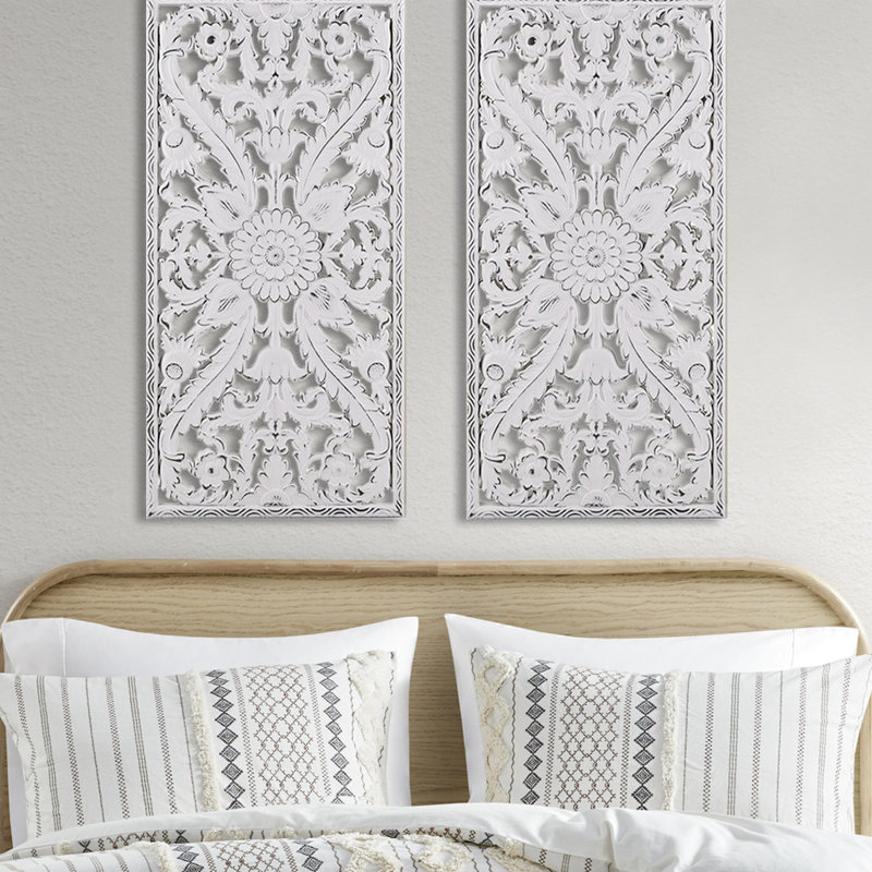 2 décorations murales - bois vieilli lotus blanc délavé décoration de chambre style design blanc délavé