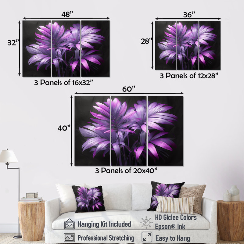 Ensemble de salon mural Crespeown - Palmiers mauves et fleurs mystiques, Toile tendue, H 40 po x l 60 po x P 1 po