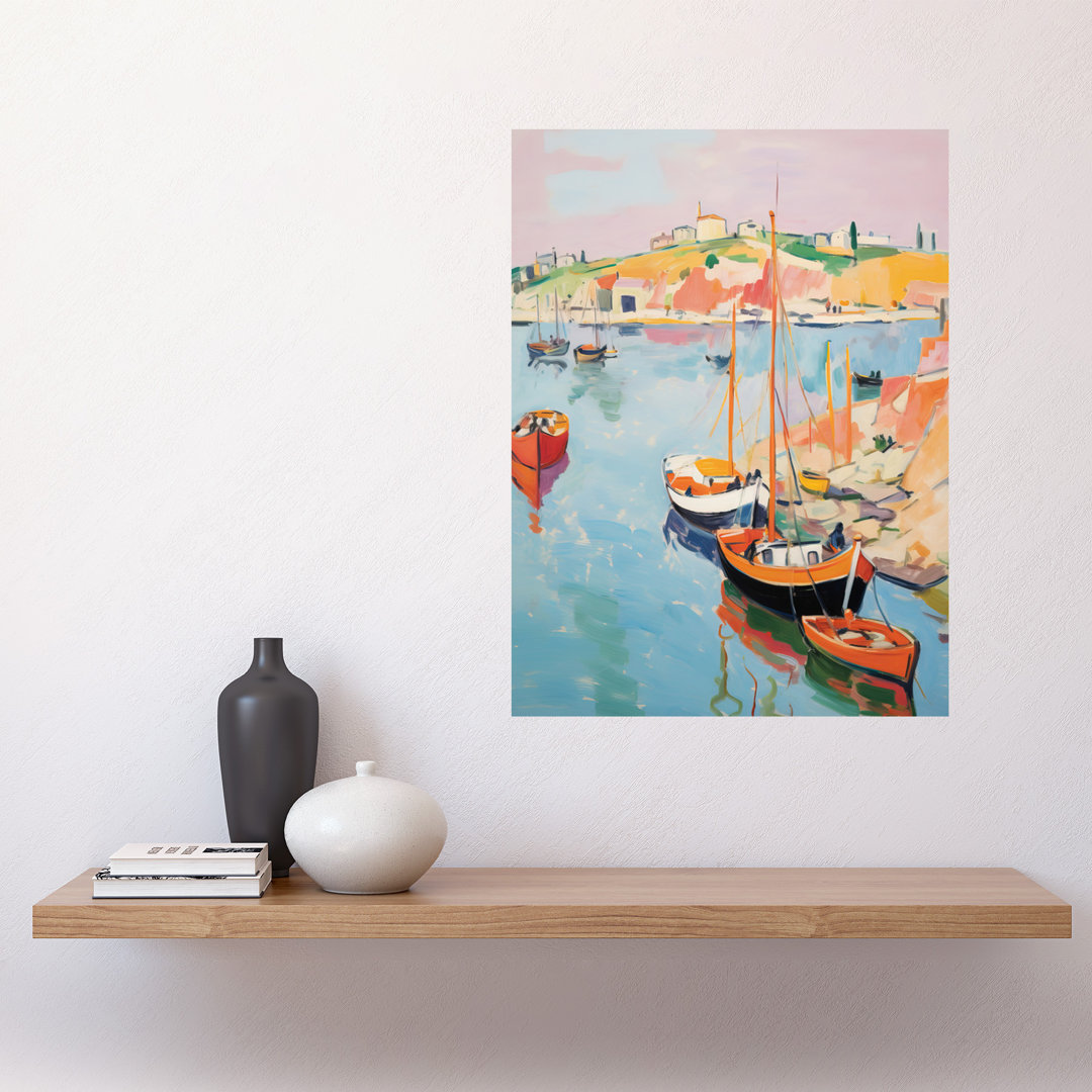 Wall Art Print Boats in Harbour Fishing Village Coastal Landscape Abstract Watercolour Painting Poster