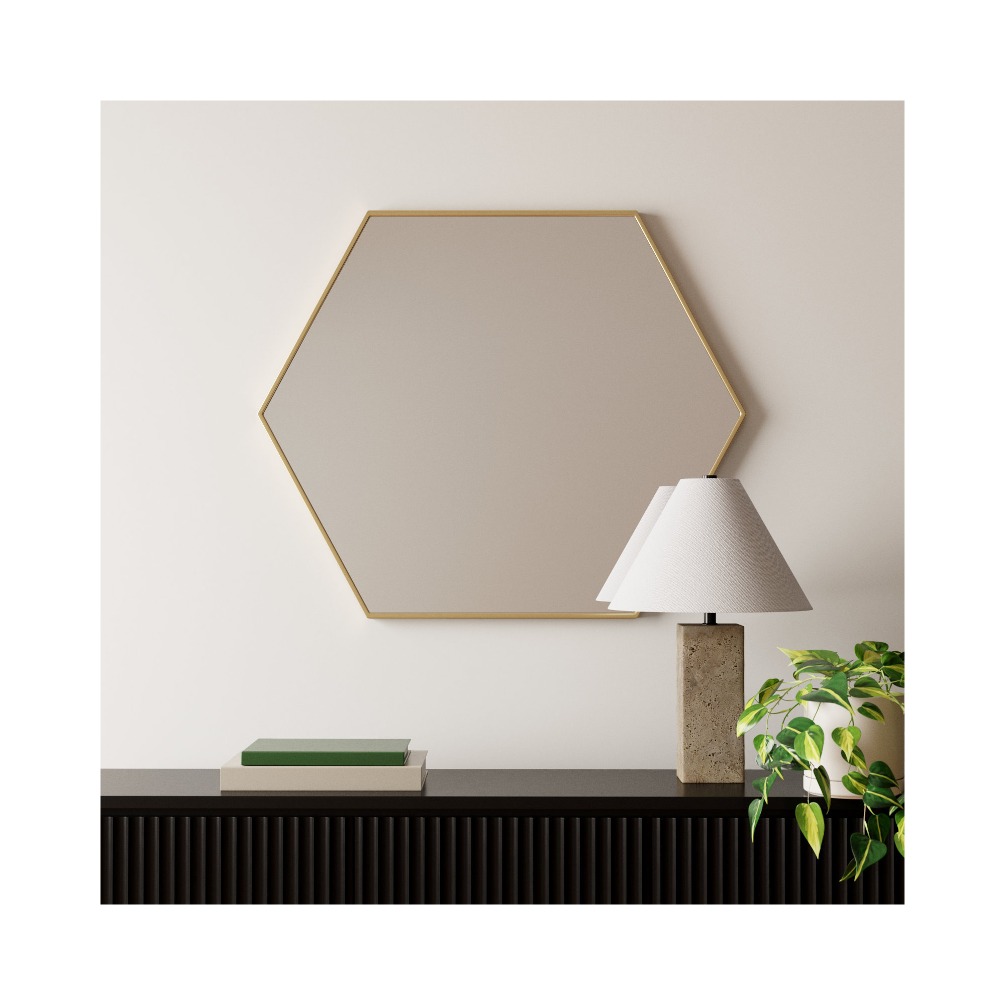 Sabine Metal Hexagon Wall Mirror, Brass, 32" H x 38" W
