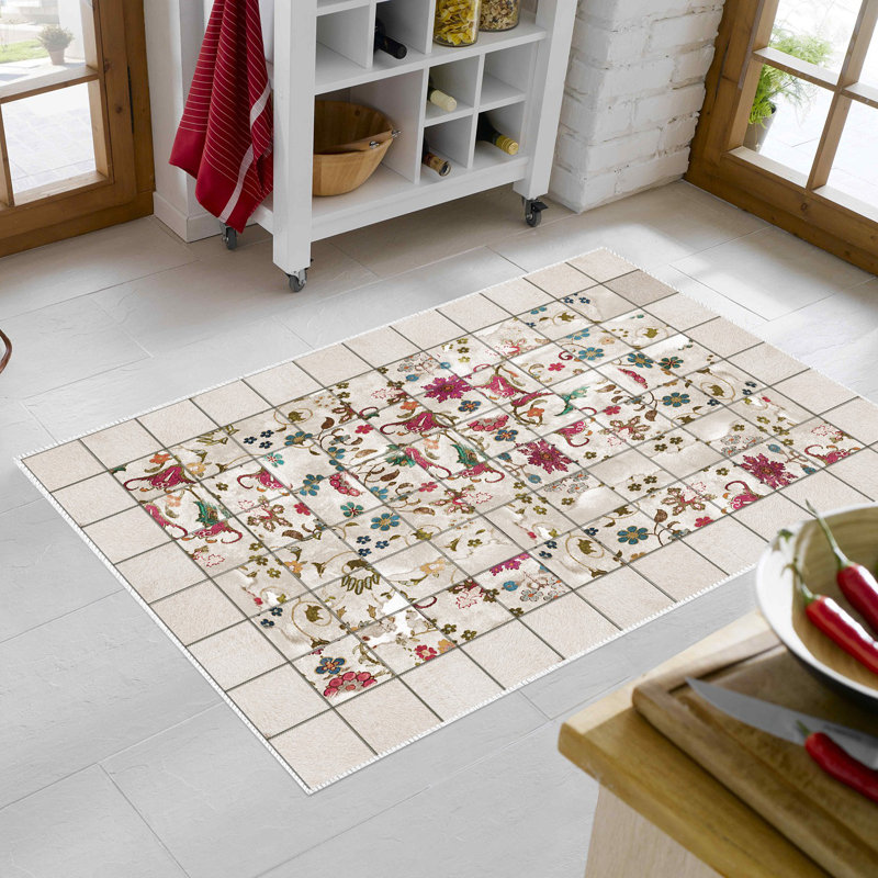 Tapis en polyamide tissé à la machine Convergence en crème / rose / vert, Tapis de couloir 2 pi 7 po x 9 pi 10 po