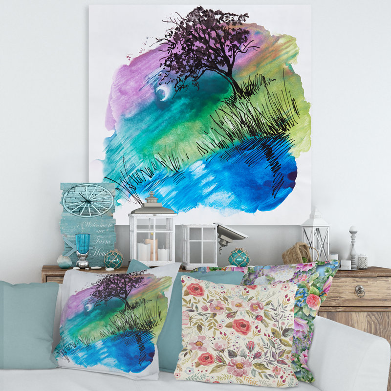 Silhouette d'arbre sur la berge la nuit - peinture sur toile, H 30 po x l 30 po x P 1 po, Toile tendue