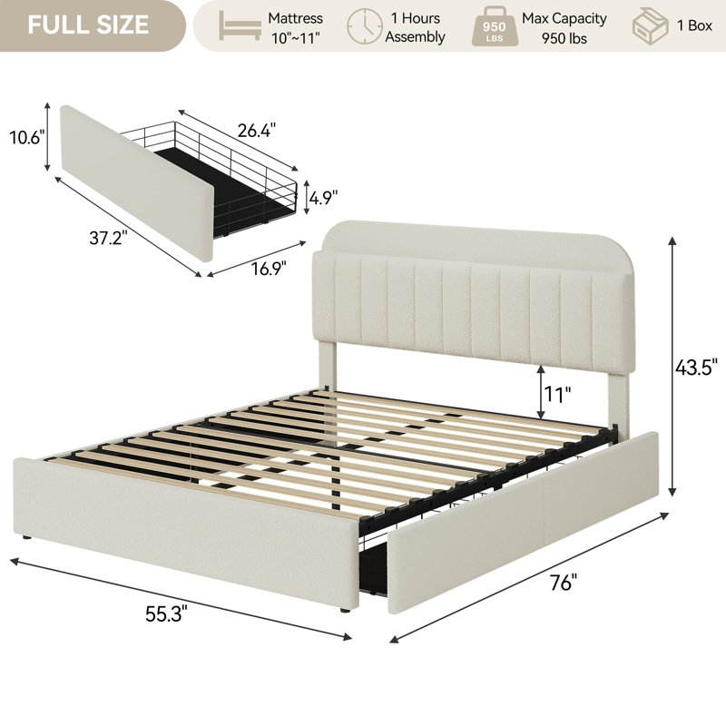 Bed Frame With Storage Headboard, 2 Drawers, Beige, Double