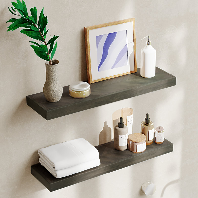 Jorgensen 2-Piece Acacia Chevron Floating Shelves, 1.5" H x 16" W x 6.7" D, Mocha