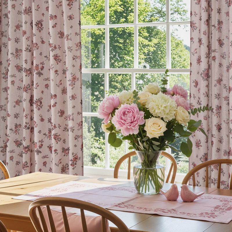  Rose Floral Linen Curtains for Living Room, Light Filtering Farmhouse Drapes Country Vintage Back Tab Window Panels for Bedroom, 2 Panels