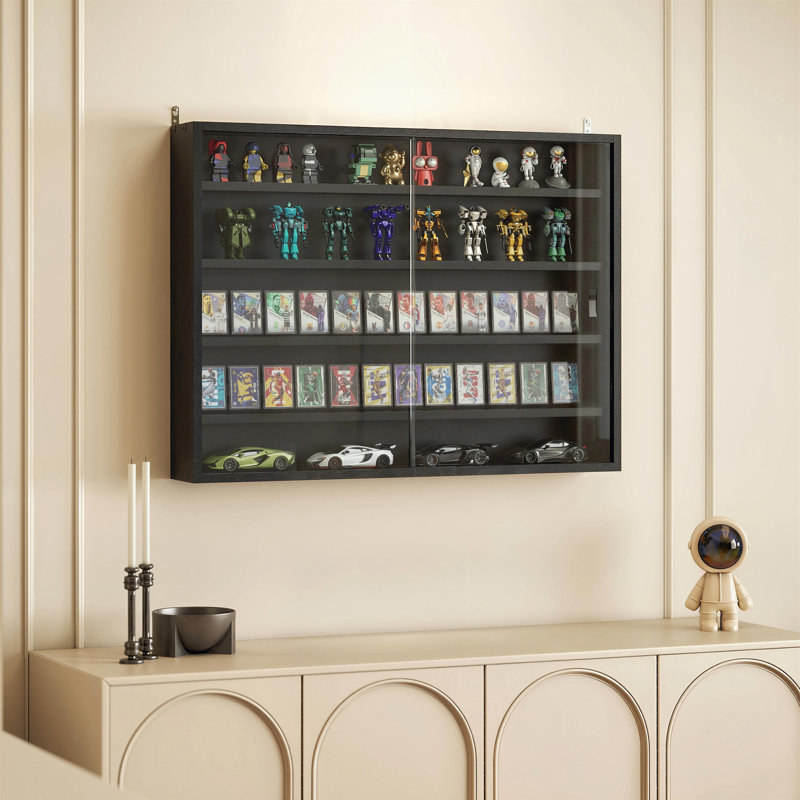 5-Tier Display Cabinet, Glass Door Cabinet with Adjustable Shelves, Wall-Mounted Display Case for Playroom, Bedroom, Black