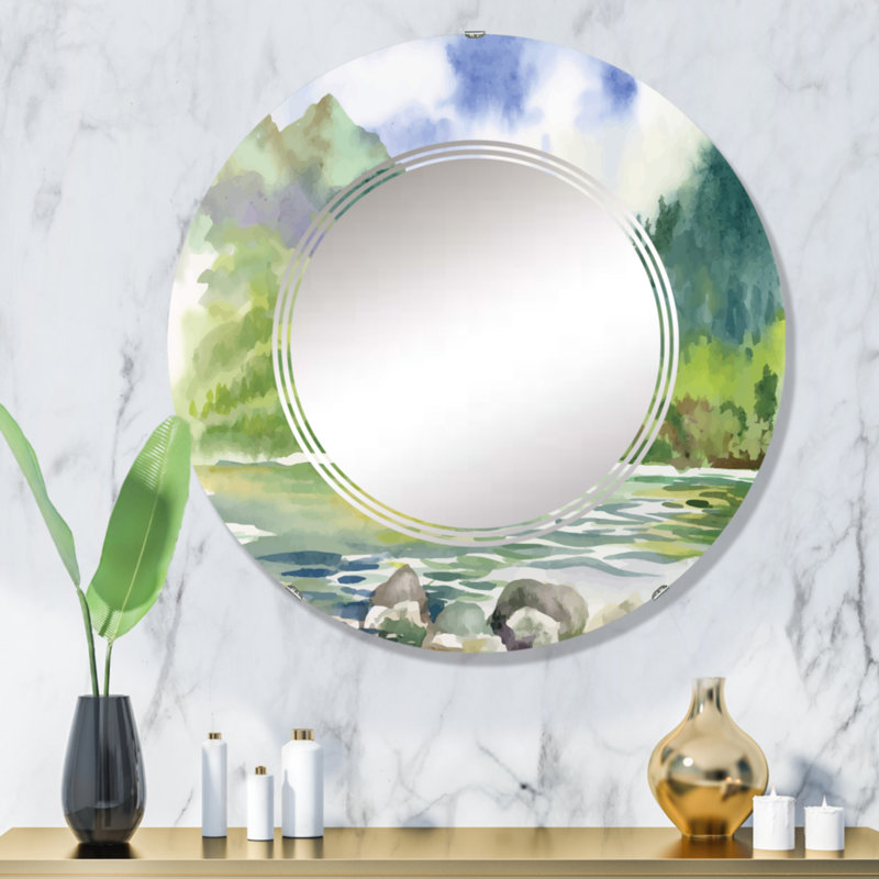 Beautiful Summer River Green Landscape III - Miroir mural rond, 32 po x 32 po