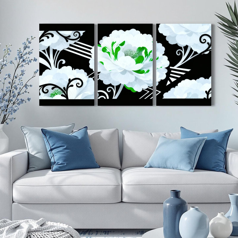 Motif floral blanc blanc avec accents verts et motif de volutes noires, impression abstraite moderne (ensemble de 3)
