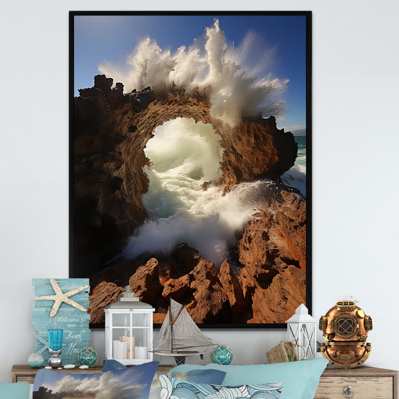 Plage rocheuse avec vagues de falaise - art mural vagues côtières, Cadre flottant noir, H 40 po x l 30 po x P 1,5 po