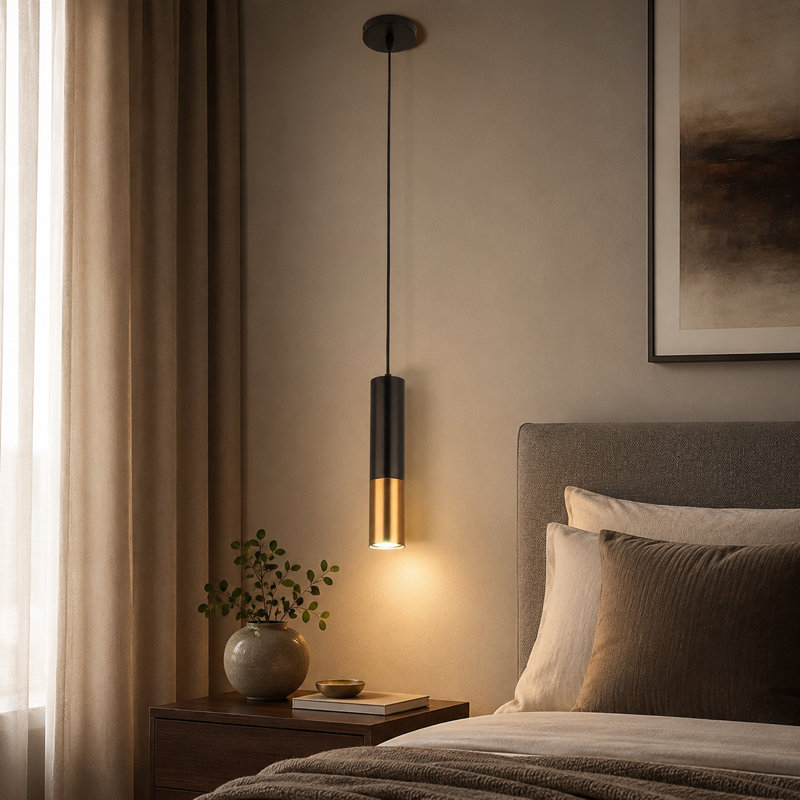Luminaire suspendu cylindrique moderne noir et doré, douille GU10, cordon de suspension réglable, sans ampoule