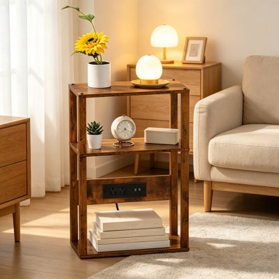 Table d'appoint en bois à 3 niveaux avec station de charge, prise USB et prises